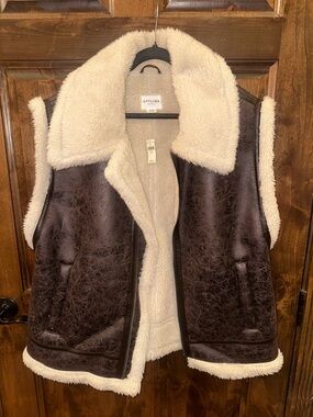 aerie Brown Faux-Leather Shearling Vest with Cream Lining